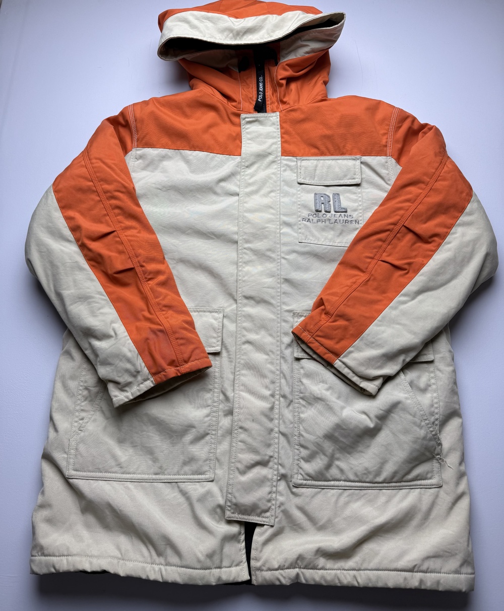Polo Jeans Co. Ralph Lauren Coat Mens M Beige Orange Hooded Parka Insulated